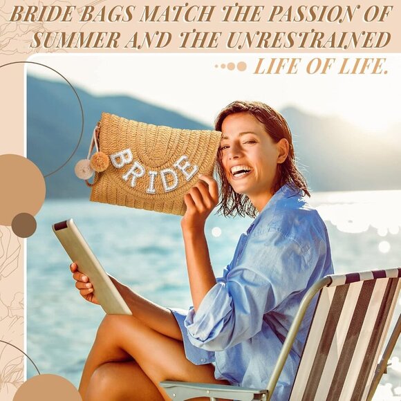 Straw Bride Clutch Bag Rhinestone Letter Purse for Wedding Bachelorette Party - Picture 3 of 7